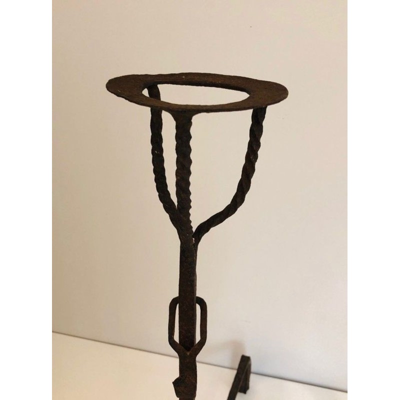 Pair of Tall Wrought Iron Landiers with Cup Finials. France. 17th Century.