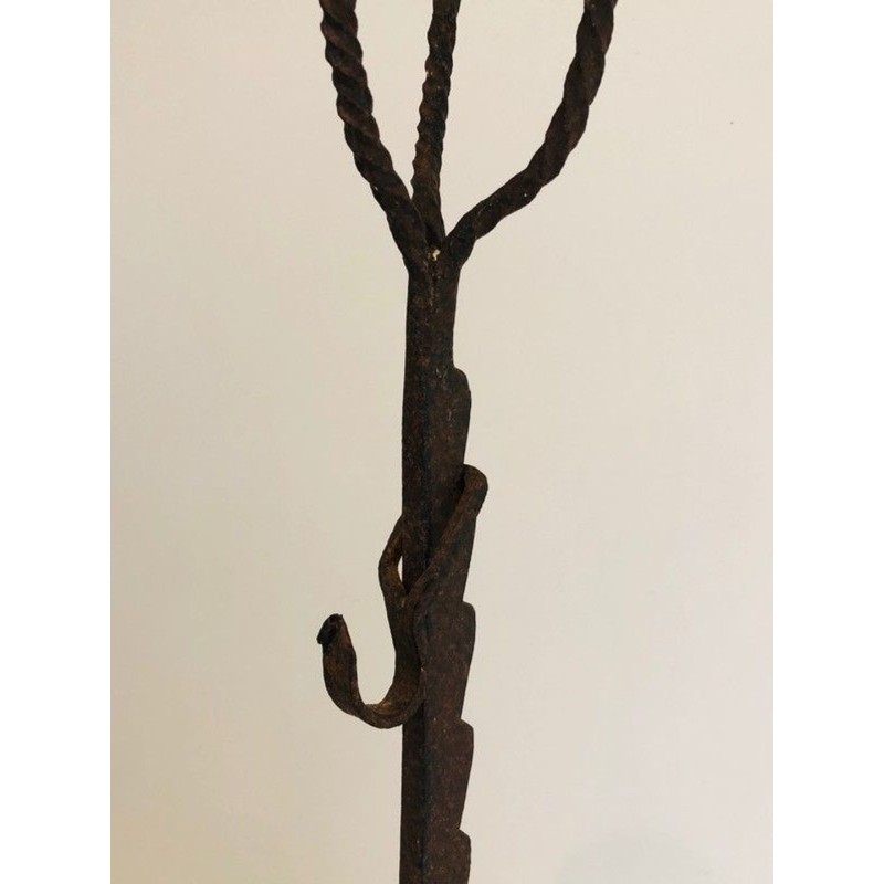 Pair of Tall Wrought Iron Landiers with Cup Finials. France. 17th Century.