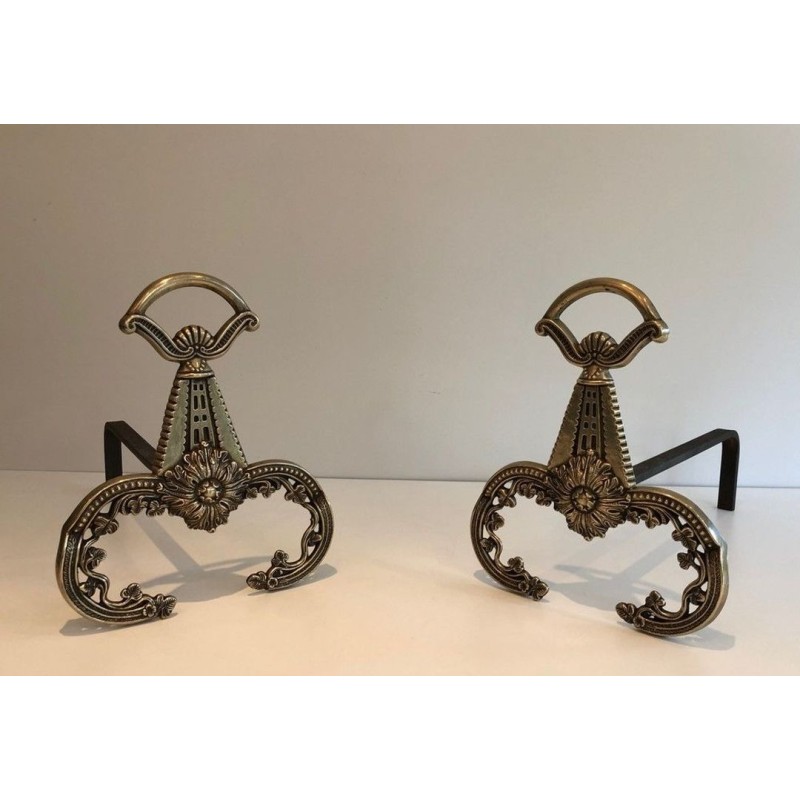 Pair of Neoclassical Bronze Andirons with Foliate Decoration and Scroll Feet. France. Circa 1900.