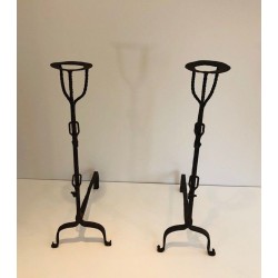 Pair of Tall Wrought Iron Landiers with Cup Finials. France. 17th Century.