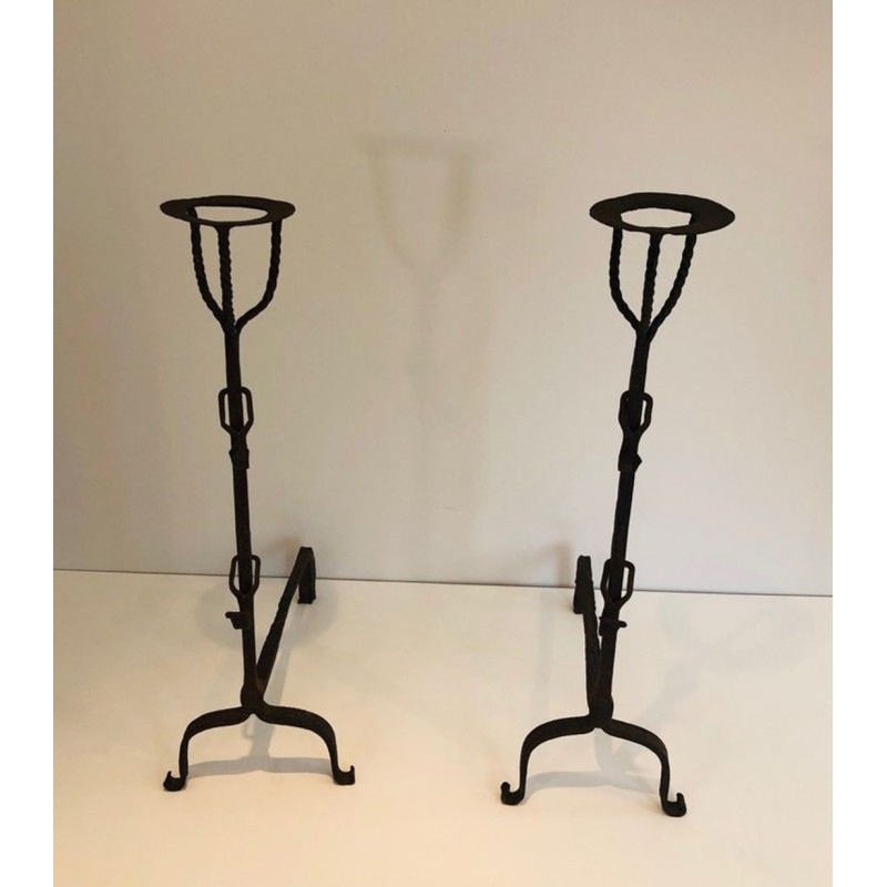 Pair of Tall Wrought Iron Landiers with Cup Finials. France. 17th Century.