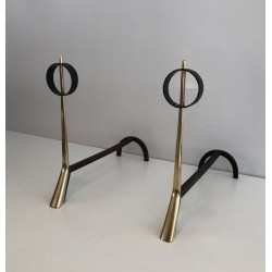 Pair of Modernist Brass and Wrought Iron Andirons with Ring Finials. Italy. Circa 1950.