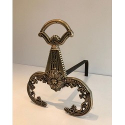 Pair of Neoclassical Bronze Andirons with Foliate Decoration and Scroll Feet. France. Circa 1900.