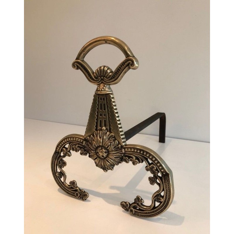 Pair of Neoclassical Bronze Andirons with Foliate Decoration and Scroll Feet. France. Circa 1900.