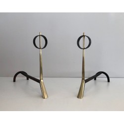 Pair of Modernist Brass and Wrought Iron Andirons with Ring Finials. Italy. Circa 1950.