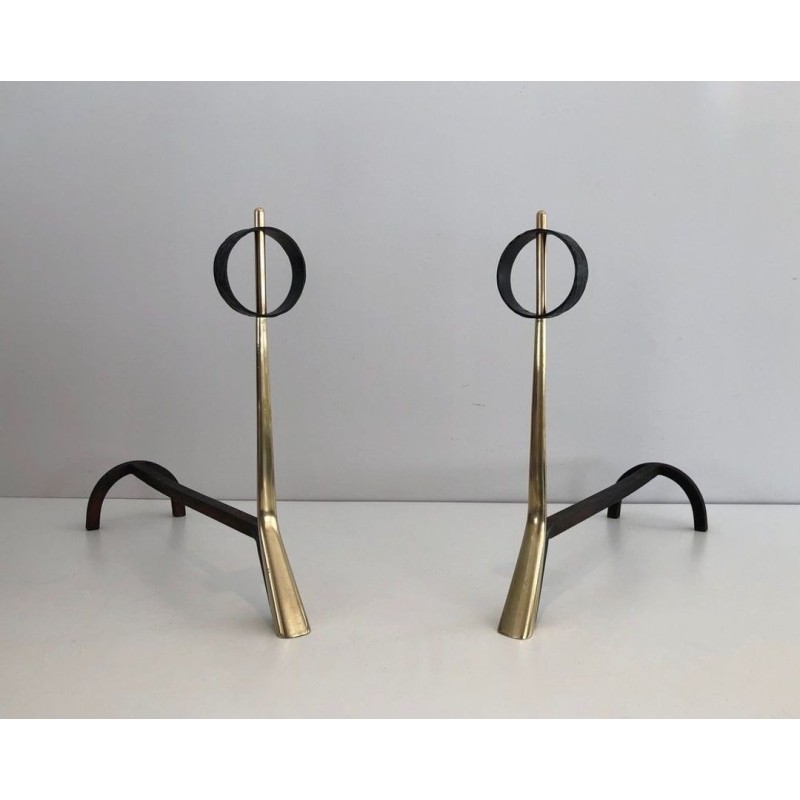 Pair of Modernist Brass and Wrought Iron Andirons with Ring Finials. Italy. Circa 1950.