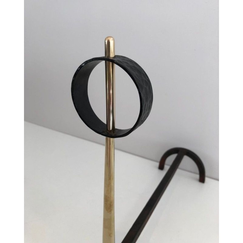 Pair of Modernist Brass and Wrought Iron Andirons with Ring Finials. Italy. Circa 1950.