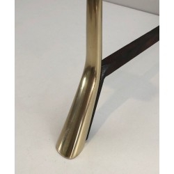 Paire de Chenets Modernistes en Laiton et Fer Forgé à Finials Anneau. Italie. Vers 1950.