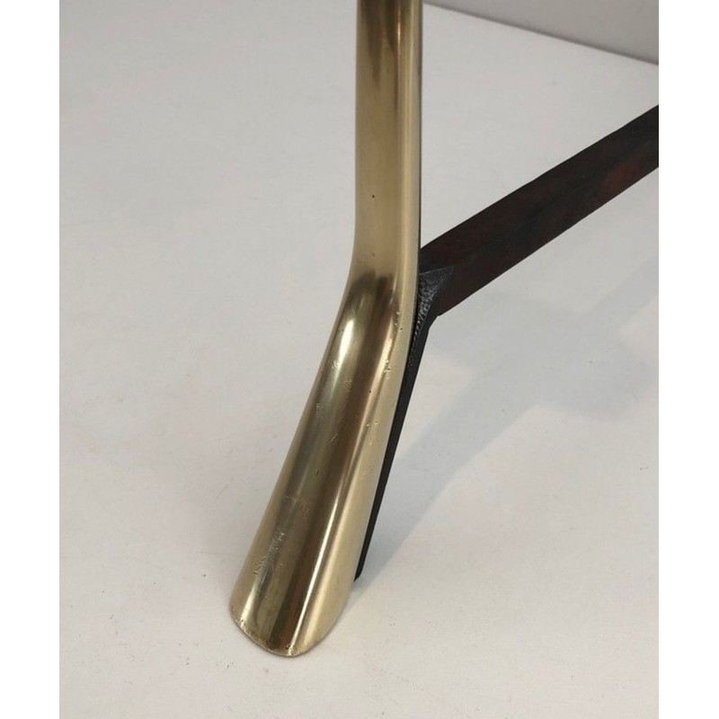 Pair of Modernist Brass and Wrought Iron Andirons with Ring Finials. Italy. Circa 1950.