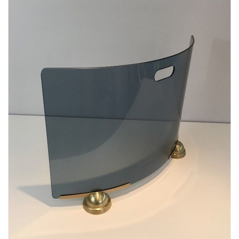 Modernist Curved Blue Glass Fireplace Screen on Brass Feet. Fontana Arte. Italy. Circa 1970.