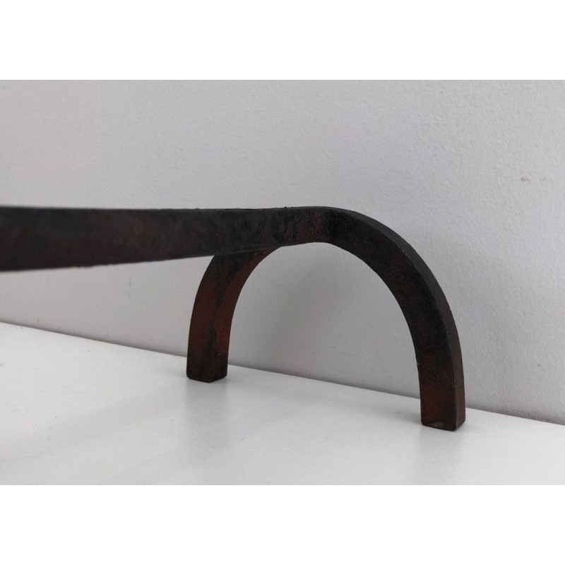 Pair of Modernist Brass and Wrought Iron Andirons with Ring Finials. Italy. Circa 1950.