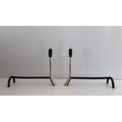 Pair of Modernist Brass and Wrought Iron Andirons with Ring Finials. Italy. Circa 1950.