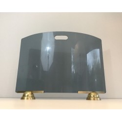 Modernist Curved Blue Glass Fireplace Screen on Brass Feet. Fontana Arte. Italy. Circa 1970.
