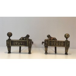 Paire de Chenets d'Époque Empire en Bronze à Lions Couchants, France, vers 1850