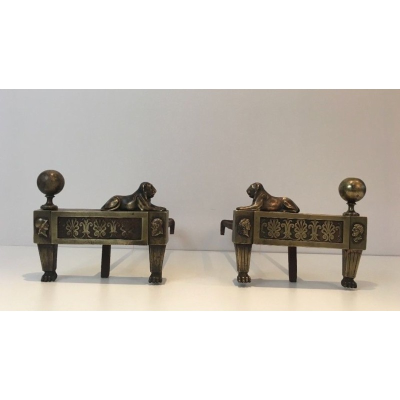 Pair of Empire-Period Bronze Andirons with Recumbent Lions, France, circa 1850