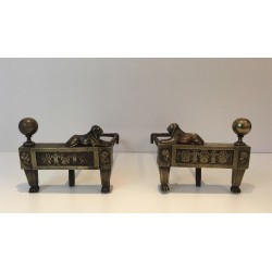 Pair of Empire-Period Bronze Andirons with Recumbent Lions, France, circa 1850
