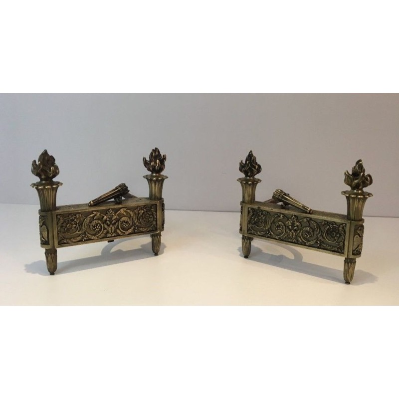 Pair of Empire-Style Bronze Chenets with Flambeau Finials and Chased Foliate Frieze, France, circa 1850