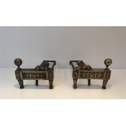 Pair of Empire-Period Bronze Andirons with Recumbent Lions, France, circa 1850