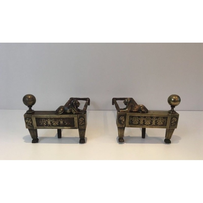 Pair of Empire-Period Bronze Andirons with Recumbent Lions, France, circa 1850