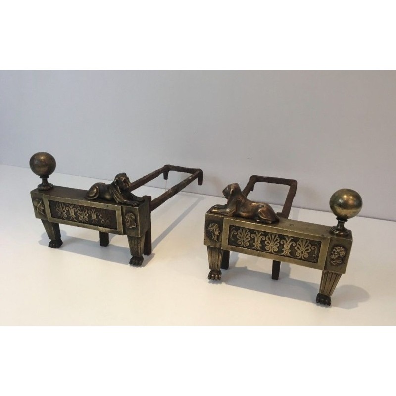 Pair of Empire-Period Bronze Andirons with Recumbent Lions, France, circa 1850