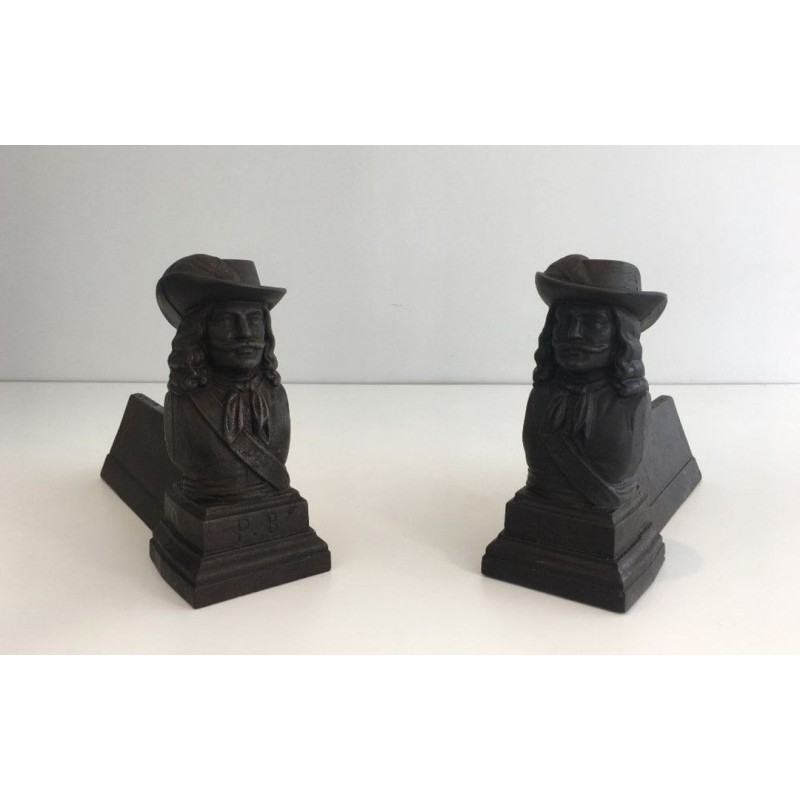 Pair of Cast Iron Musketeer Andirons, France, circa 1950
