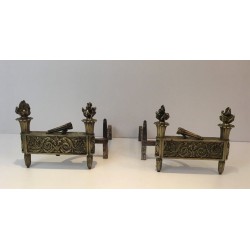 Pair of Empire-Style Bronze Chenets with Flambeau Finials and Chased Foliate Frieze, France, circa 1850