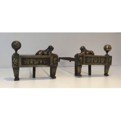 Paire de Chenets d'Époque Empire en Bronze à Lions Couchants, France, vers 1850
