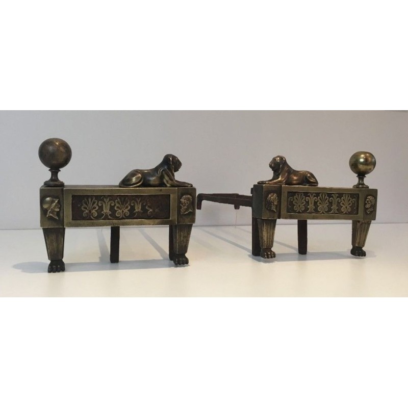 Paire de Chenets d'Époque Empire en Bronze à Lions Couchants, France, vers 1850