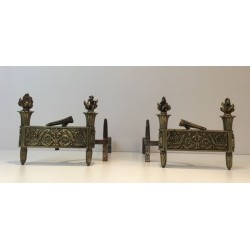 Paire de Chenets d'Époque Empire en Bronze Ciselé à Flambeaux et Frise Feuillagée, France, vers 1850