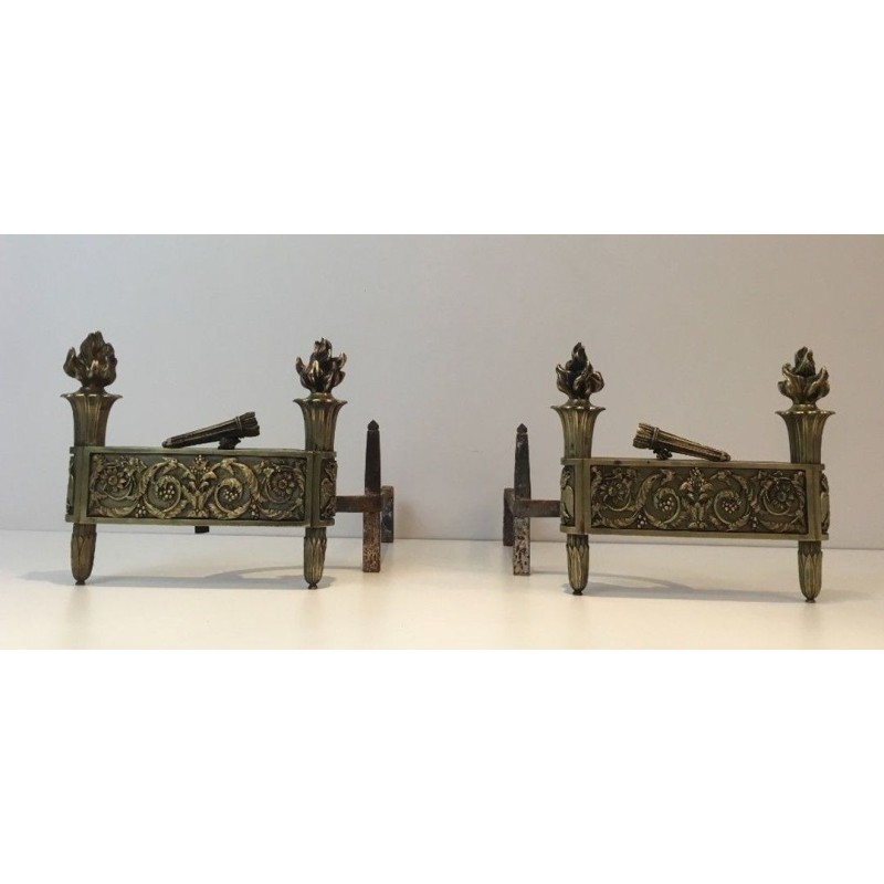 Paire de Chenets d'Époque Empire en Bronze Ciselé à Flambeaux et Frise Feuillagée, France, vers 1850