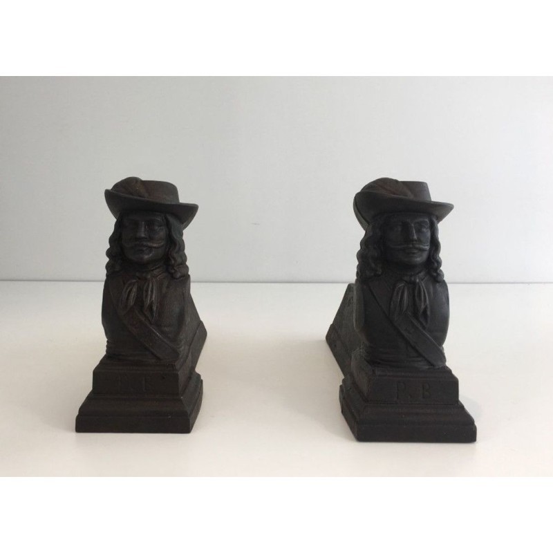 Pair of Cast Iron Musketeer Andirons, France, circa 1950