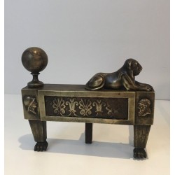 Pair of Empire-Period Bronze Andirons with Recumbent Lions, France, circa 1850