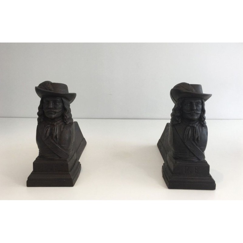 Pair of Cast Iron Musketeer Andirons, France, circa 1950