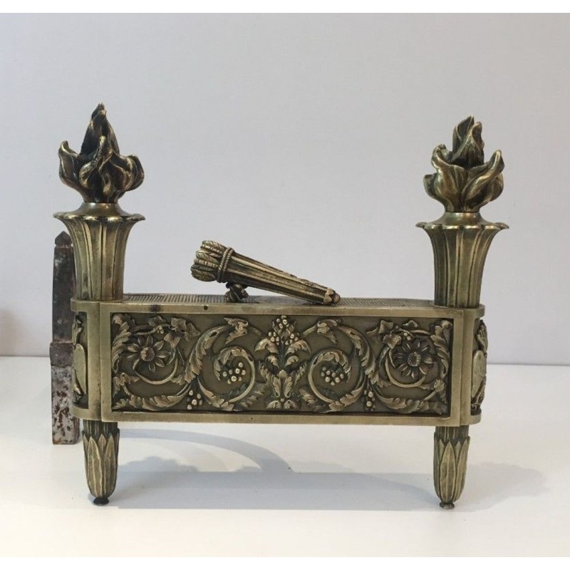 Paire de Chenets d'Époque Empire en Bronze Ciselé à Flambeaux et Frise Feuillagée, France, vers 1850