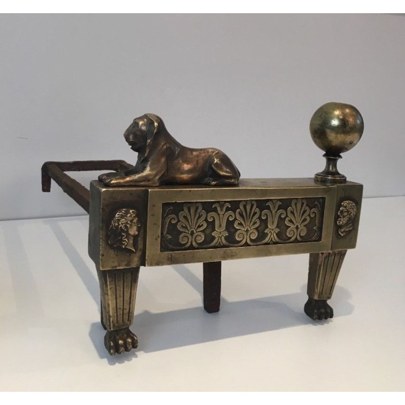 Pair of Empire-Period Bronze Andirons with Recumbent Lions, France, circa 1850