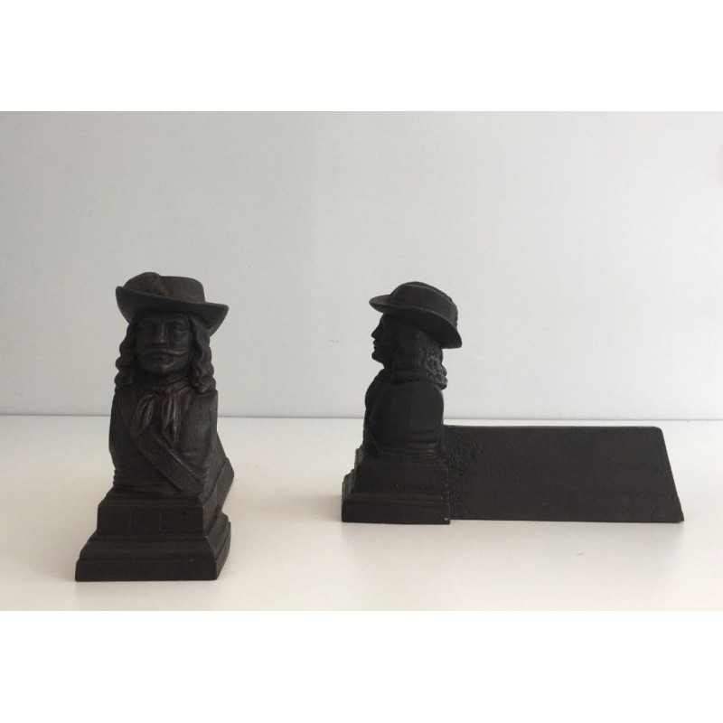 Pair of Cast Iron Musketeer Andirons, France, circa 1950