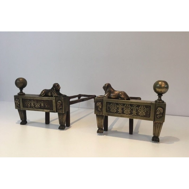 Pair of Empire-Period Bronze Andirons with Recumbent Lions, France, circa 1850