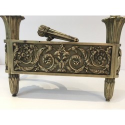 Paire de Chenets d'Époque Empire en Bronze Ciselé à Flambeaux et Frise Feuillagée, France, vers 1850