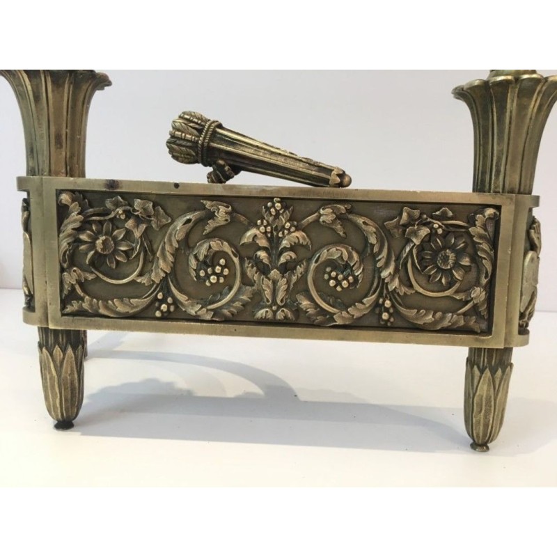 Paire de Chenets d'Époque Empire en Bronze Ciselé à Flambeaux et Frise Feuillagée, France, vers 1850
