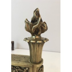 Paire de Chenets d'Époque Empire en Bronze Ciselé à Flambeaux et Frise Feuillagée, France, vers 1850