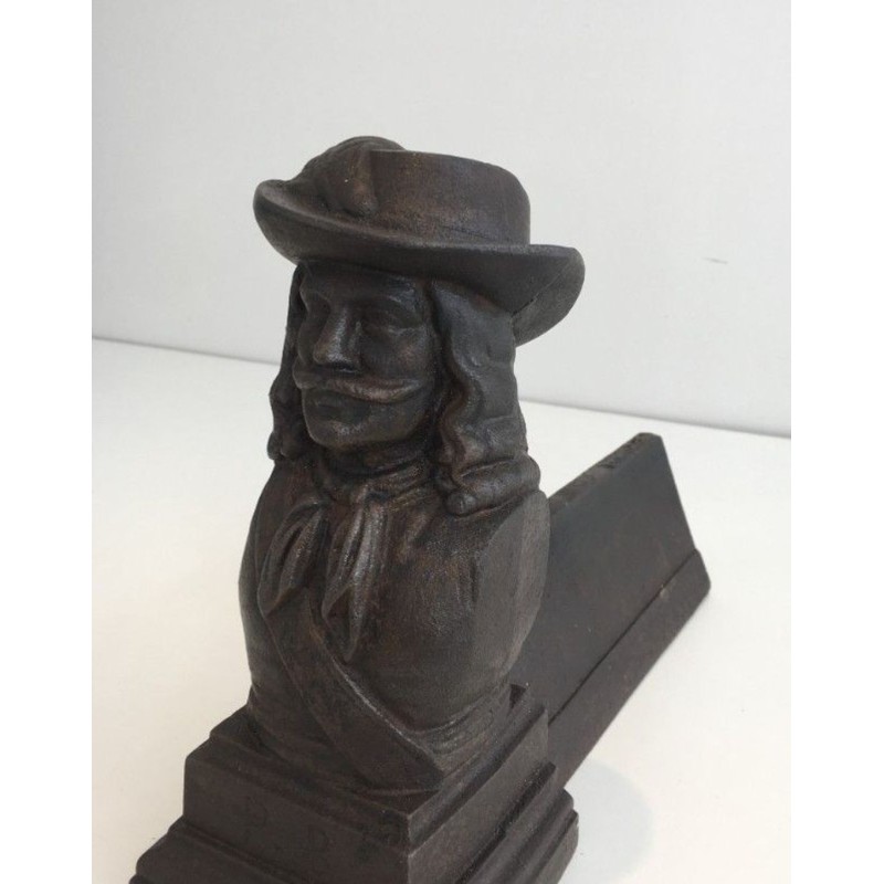 Pair of Cast Iron Musketeer Andirons, France, circa 1950