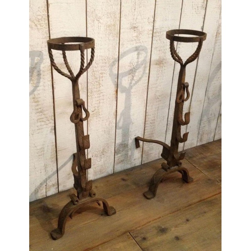 Monumental Pair of Wrought Iron Landiers with Twisted Shaft and Spit Hooks, France, circa 1900