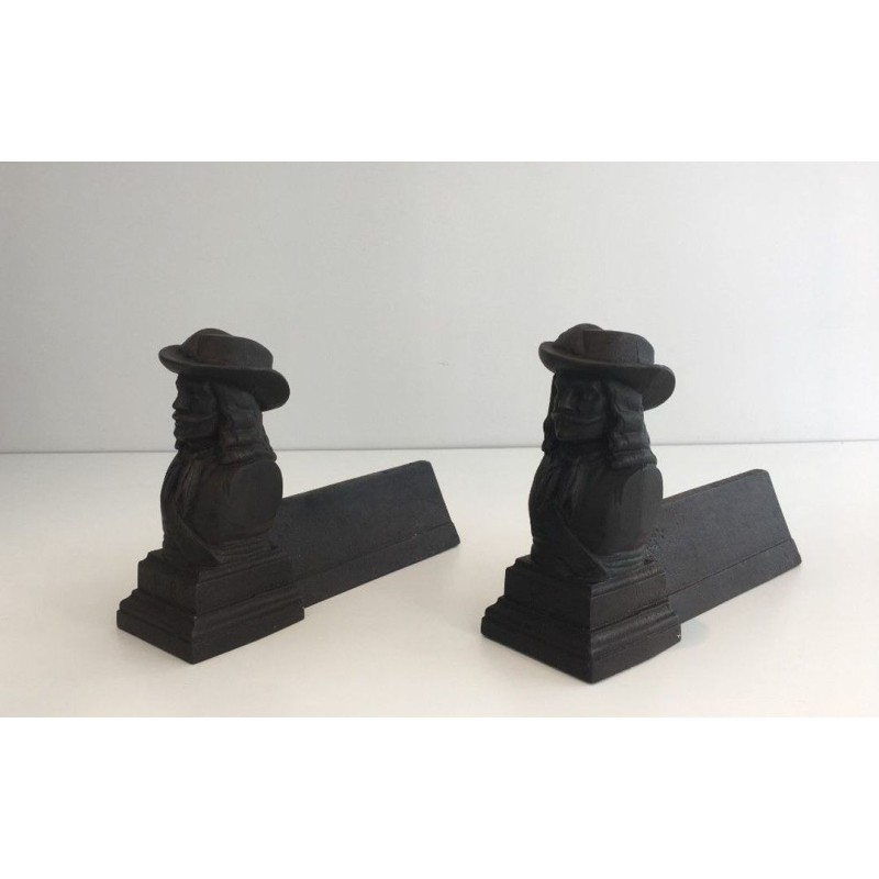 Pair of Cast Iron Musketeer Andirons, France, circa 1950