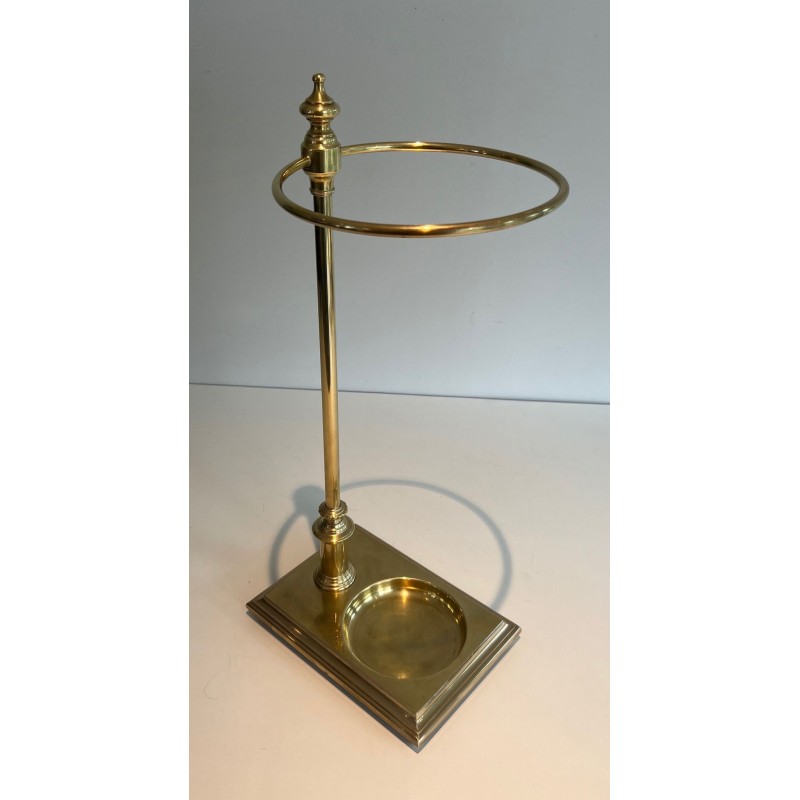 Neoclassical Brass Umbrella Stand with Ring Holder and Square Plinth Base, France, circa 1970