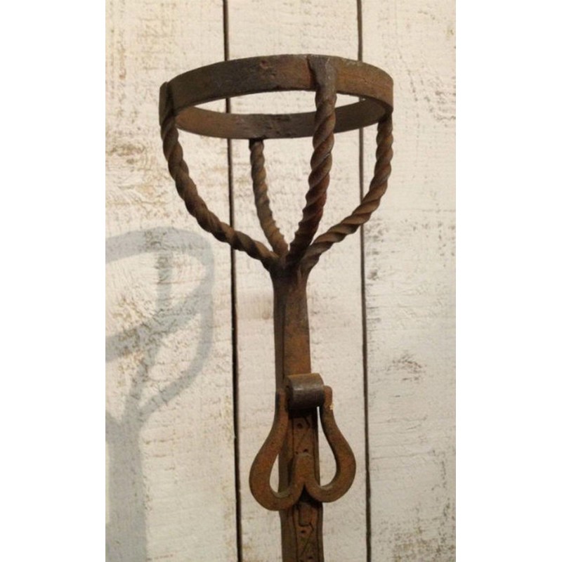Monumental Pair of Wrought Iron Landiers with Twisted Shaft and Spit Hooks, France, circa 1900