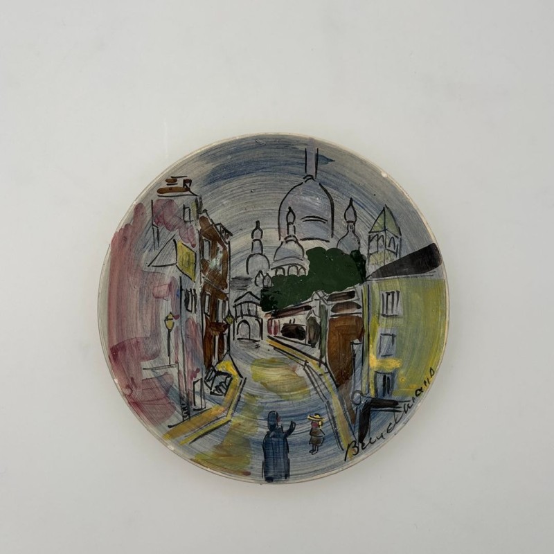 Decorative Ceramic Plate Depicting Montmartre, Signed L. Bemelans, Tapis Vert Vallauris, circa 1970
