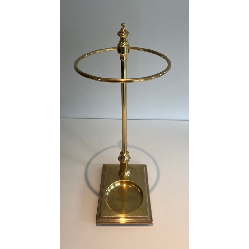 Neoclassical Brass Umbrella Stand with Ring Holder and Square Plinth Base, France, circa 1970