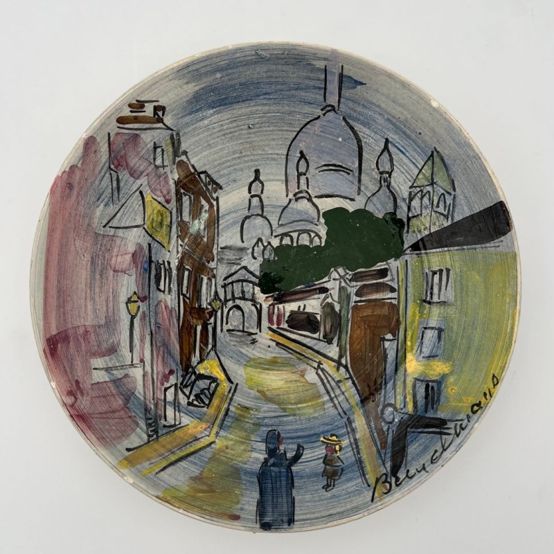 Decorative Ceramic Plate Depicting Montmartre, Signed L. Bemelans, Tapis Vert Vallauris, circa 1970