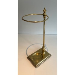 Neoclassical Brass Umbrella Stand with Ring Holder and Square Plinth Base, France, circa 1970