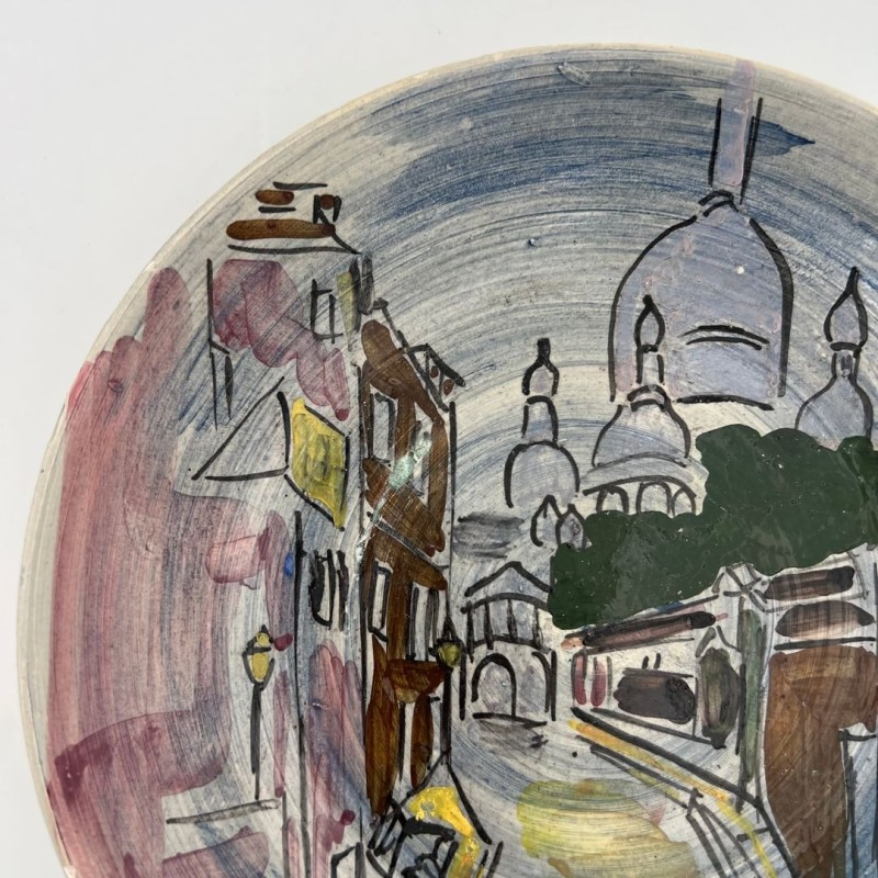 Decorative Ceramic Plate Depicting Montmartre, Signed L. Bemelans, Tapis Vert Vallauris, circa 1970